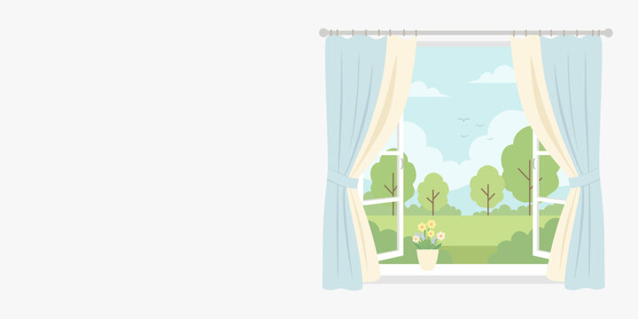 Open window with view of green trees and flowers. Vector illustration of sunny landscape through home frame with curtains. Comfortable interior background with nature scenery and copy space.