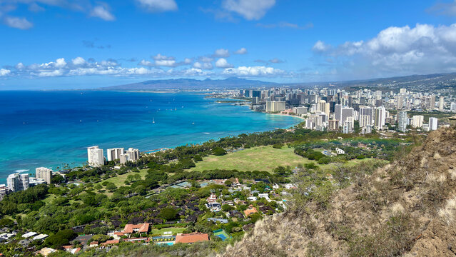 The panoramic view of Honolulu and Waikiki Beach from the summit of the Diamond Head volcanic crater