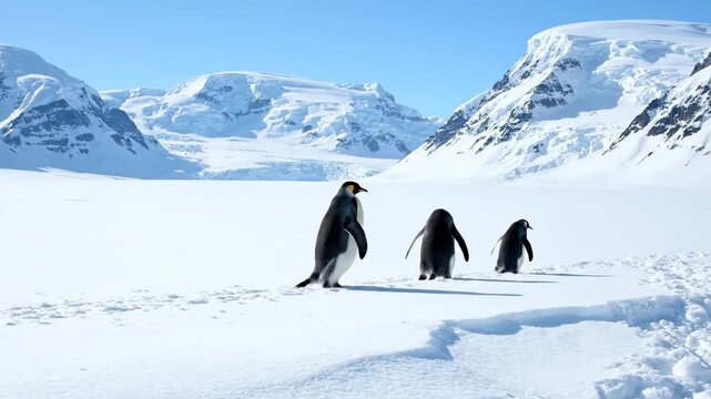 Three penguins walk across a snowy expanse towards icy mountains under a bright, clear blue sky. Footprints are visible in the snow