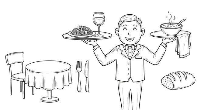 A diligent waiter cheerfully carries two trays laden with various restaurant dishes including a full meal, soup, and bread.