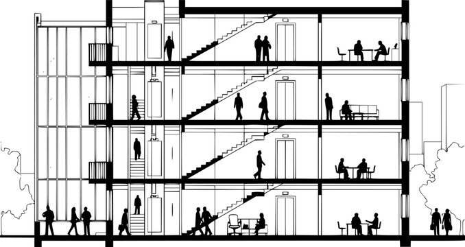 Architectural section drawing of a modern multi story building with people depicted on each floor