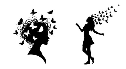 Woman s silhouette transforming into butterflies representing freedom and change © Creator Rima  Akter