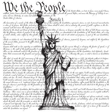 Statue of Liberty with US Constitution background and "We the People" text.