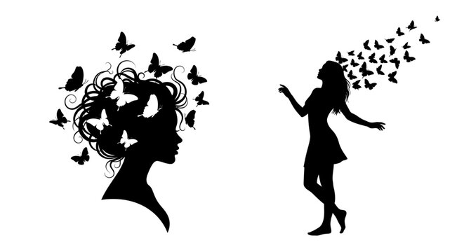 Woman s silhouette transforming into butterflies representing freedom and change