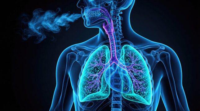 Human body with lungs and trachea highlighted in blue and purple smoke