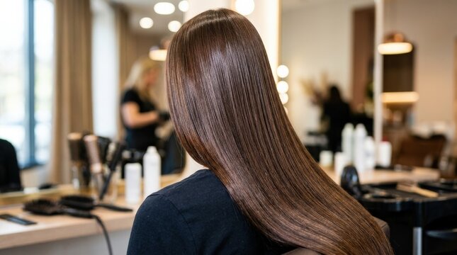 Close-up of smooth shiny hair after treatment, silky texture reflecting light, beauty salon environment, professional result showcase, shot on Nikon Z6, no logos, no branding, no trademarks\