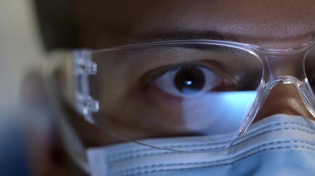 Eye surgeon focused intensely behind protective goggles and mask, preparing for a delicate operation.