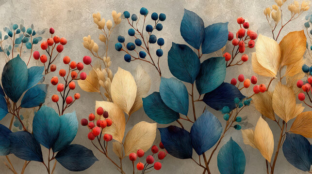 Seamless floral pattern with decorative leaves and berries modern botanical design