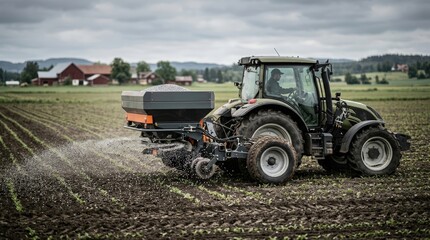 Fototapeta premium Side Profile of Advanced Fertilizer Spreader Attachment Mounted on Tractor