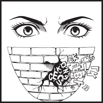 Censored face, brick wall mouth, gagged expression, black and white vector, freedom concept, speechless illustration