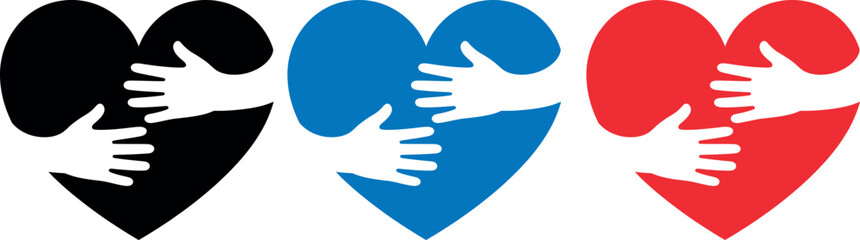 Obraz premium Three interlocking hearts symbolizing unity, love, and support in black, blue, and red