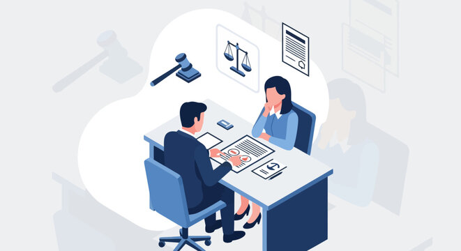 Lawyer and client discussing legal documents at desk.