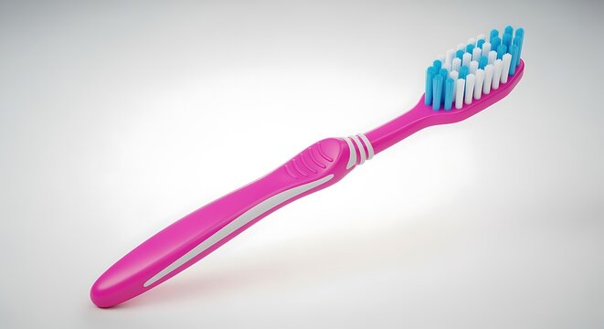 Bright pink toothbrush with blue bristles isolated on clean light background for dental hygiene visuals