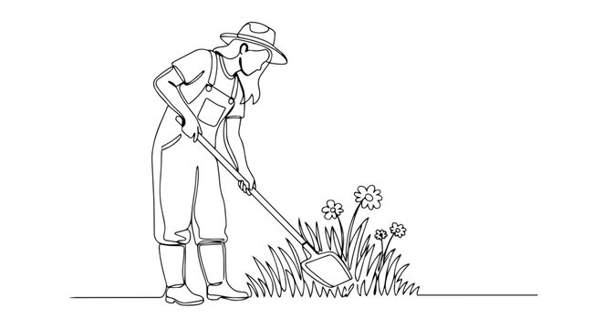 Woman digging in a flower garden one line drawing. Continuous line art vector illustration of spring planting. Minimalist female gardener with shovel