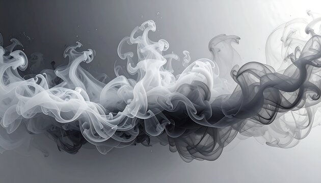 An abstract, monochrome depiction of swirling smoke plumes in shades of grey against a gradient background, suggestive of vapor
