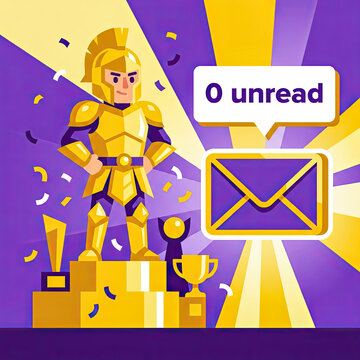 Funny concept of reaching inbox zero. A hero celebrates an empty email inbox. Metaphor for productivity, organization, and task management.