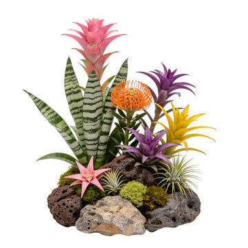 [Transparent Background PNG]Colorful Exotic Plant Arrangement with Rocks
