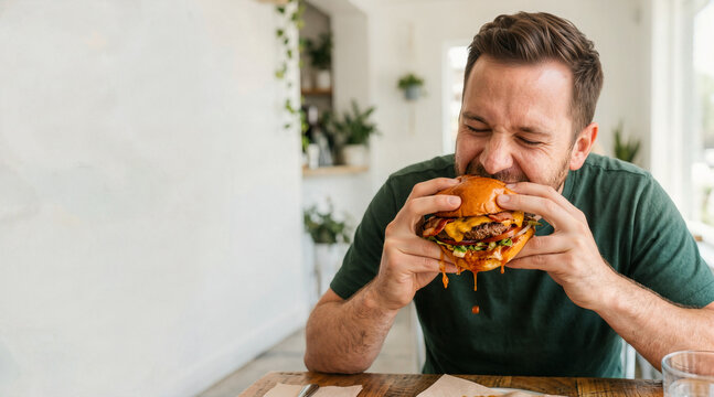 Hungry man taking a big bite of a messy cheeseburger. Male enjoying a huge delicious fast food burger with dripping cheese and bacon in a cafe