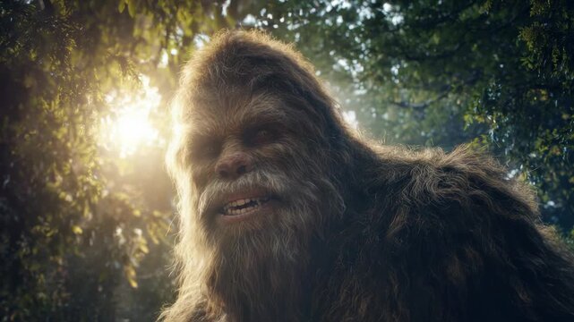 Bigfoot spotted in the forest during the early morning light while looking curiously at the camera