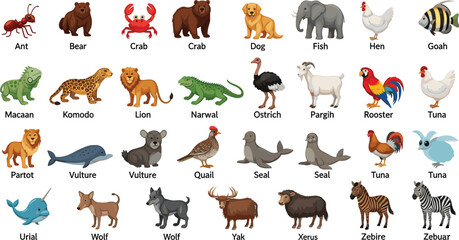 Fototapeta premium Animal Collection Vector Illustration with Various Wildlife and Domestic Animals Including Lion Bear Elephant Zebra and More
