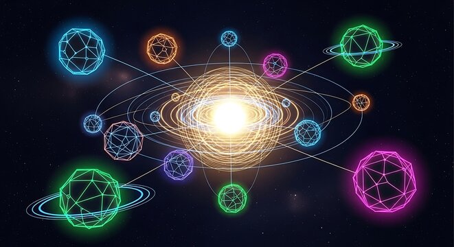 Digital representation of a vibrant solar system with interconnected planets and central sun