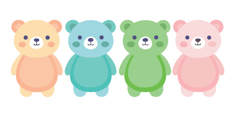 Fototapeta premium Four adorable pastel teddy bears positioned on a light background rectangle.