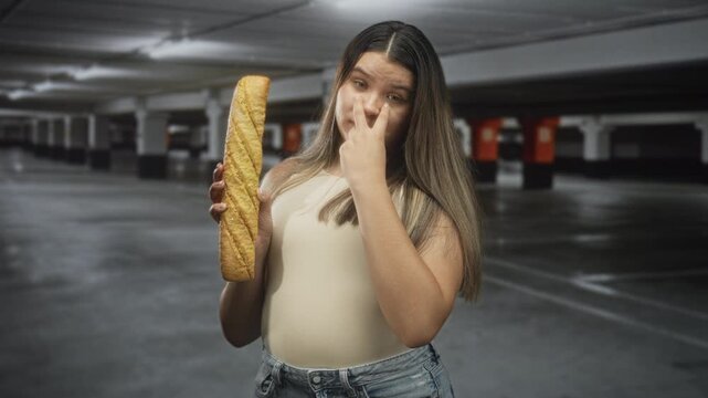 Young hispanic woman holds baguette and pinches nose with fingers in underground parking building; stale bread disgust.