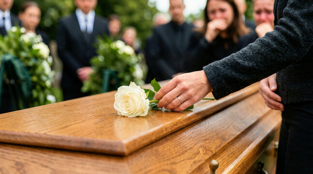 Hand placing a white rose on a wooden coffin at a funeral. Blurred background of grieving mourners in black crying outdoors. Sorrow and final farewell concept