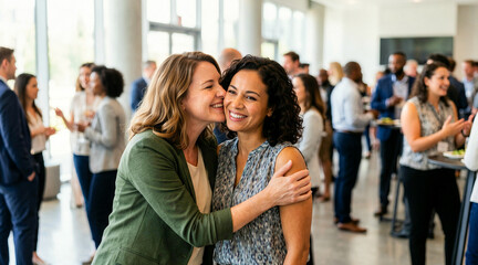 Obraz premium Two professional women greeting with a cheek kiss at a corporate networking event. Smiling female colleagues hugging in a crowded modern office gathering. Business connection and friendship concept