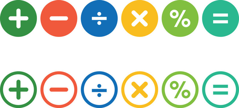 Colorful and bordered mathematical operation symbols displayed in two rows