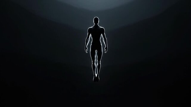 Futuristic human silhouette illuminated against a dark, atmospheric background