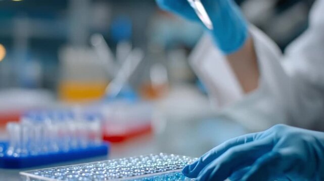 Cinematic view of a lab researcher working in a modern laboratory, surrounded by advanced equipment, capturing the essence of scientific discovery, innovation, and precision in medical and scientific 