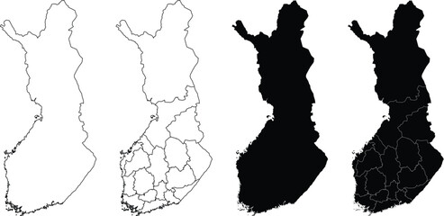 Set of four finland map silhouettes including outline and regional administrative borders © farhanatisha