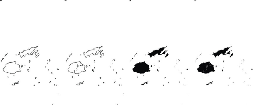 Four variations of the fiji island group map in black outlines and solid black silhouettes