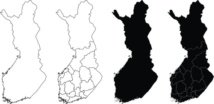Set of four finland map silhouettes including outline and regional administrative borders