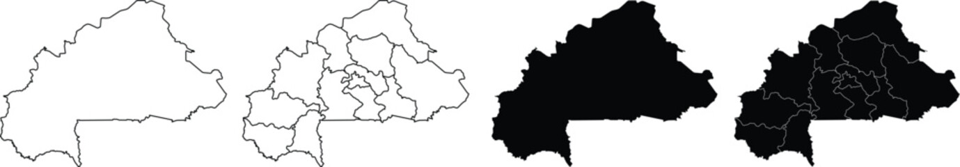 Fototapeta premium Four variations of burkina faso country map outlines and silhouettes with internal borders