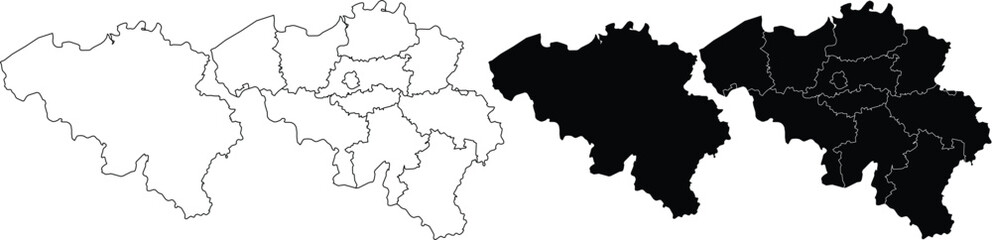 Obraz premium Outline and silhouette maps of belgium showing provincial borders in black and white