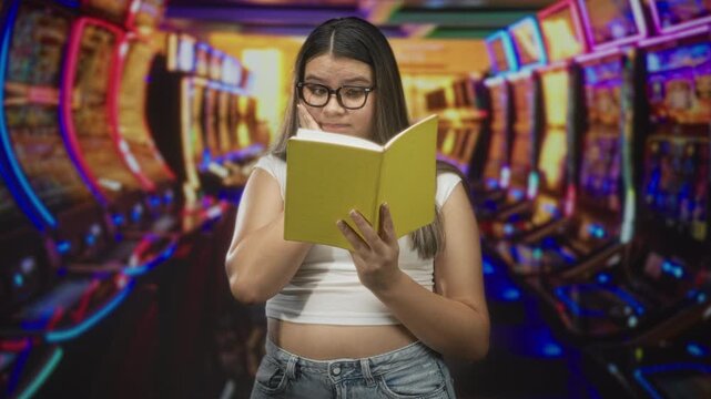Young woman reading yellow book, hand on cheek and holding pages open, wearing glasses and a white crop top, midriff visible amid slot machines and neon lights inside building; quiet contemplation.
