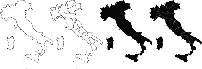 Four variations of italy map silhouettes showing outline and regional borders in black and white © farhanatisha