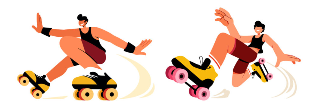 Roller skater set with man on quad skates flat style