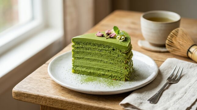 A slice of matcha cake placed on a white plate with creamy green layers and smooth frosting, elegant dessert presentation with soft lighting, photorealistic food styling, shot on 85mm lens, f/2.2,