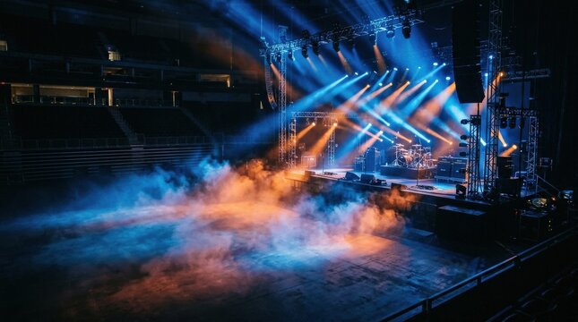 Concert stage illuminated by blue and orange spotlights, dramatic fog effects filling the empty venue floor, high-energy live-performance setup with cinematic atmosphere, photorealistic event