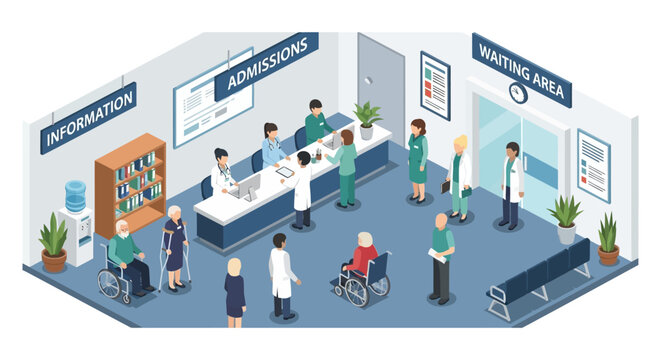 Hospital Waiting Area and Admissions Desk with Patients and Staff.