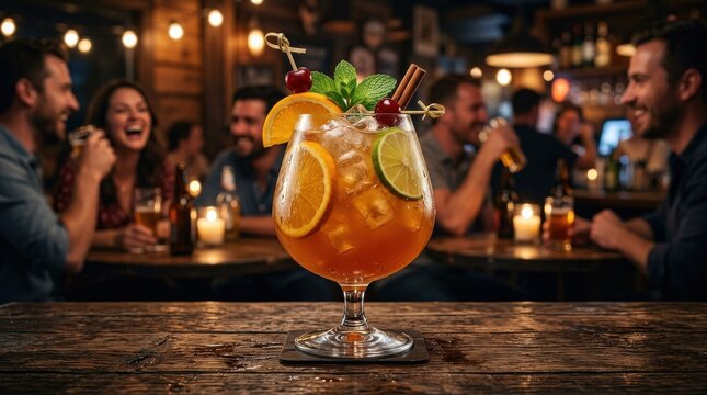 Elegant glass goblet overflowing with rum punch resting on a textured wood tabletop in a lively tavern, premium commercial stock photography, alcoholic beverage, drinking glass, mixed drink, social