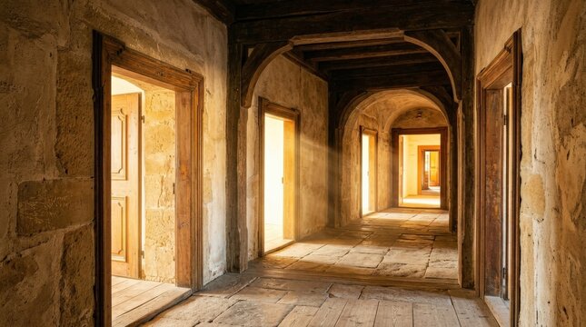 Multiple open doors filled with warm sunlight, concept of opportunities, future choices and personal transition, old architectural passages leading forward in a hopeful minimalist composition,