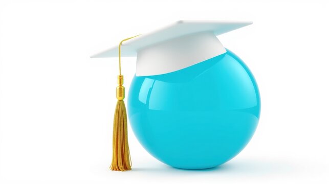 Glossy sphere topped with graduation cap. Golden tassel hangs down. Clean white background provides simple presentation. Education concept.
