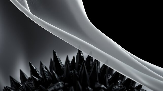 Dramatic monochrome image. Spiky texture contrasts smooth curves. Minimalist composition, strong lighting creates shadows, focus on form.