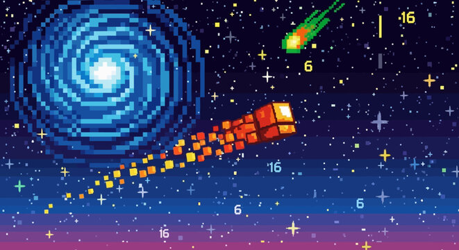 Retro pixel art space scene, colorful galaxy background, spiral nebula, shooting star trail, vibrant starry night sky, vector illustration