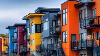 Obraz premium A series of contemporary multi-story apartment buildings showcases a bold palette of vibrant orange yellow and blue facades under a soft and overcast gray sky