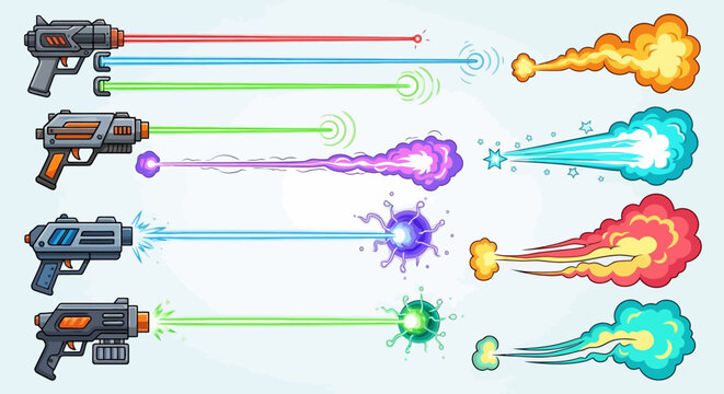 Cartoon laser guns, colorful effects, vector graphics, game icons, blast elements